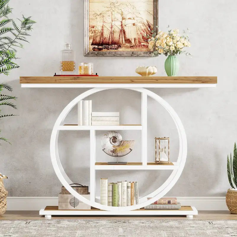 Console 4 niveaux avec base circulaire – Marron/Gris, Métal et Bois industriel, 1 à 2 utilisateurs