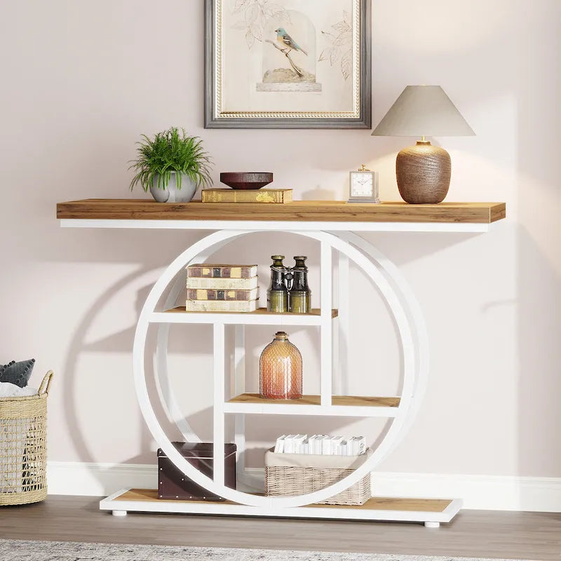 Console 4 niveaux avec base circulaire – Marron/Gris, Métal et Bois industriel, 1 à 2 utilisateurs