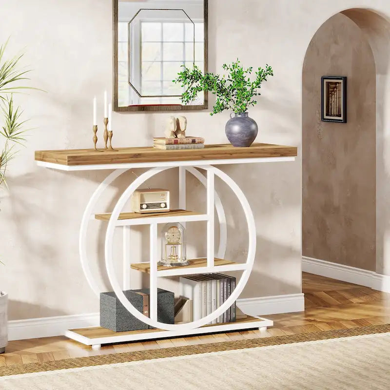 Console 4 niveaux avec base circulaire – Marron/Gris, Métal et Bois industriel, 1 à 2 utilisateurs