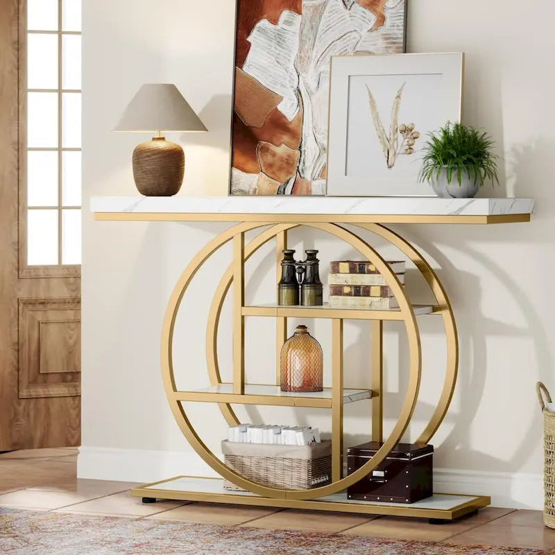 Console 4 niveaux avec base circulaire – Marron/Gris, Métal et Bois industriel, 1 à 2 utilisateurs
