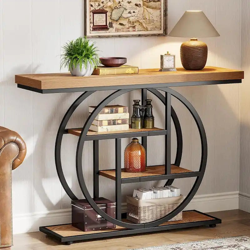 Console 4 niveaux avec base circulaire – Marron/Gris, Métal et Bois industriel, 1 à 2 utilisateurs