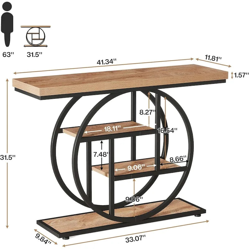Console 4 niveaux avec base circulaire – Marron/Gris, Métal et Bois industriel, 1 à 2 utilisateurs
