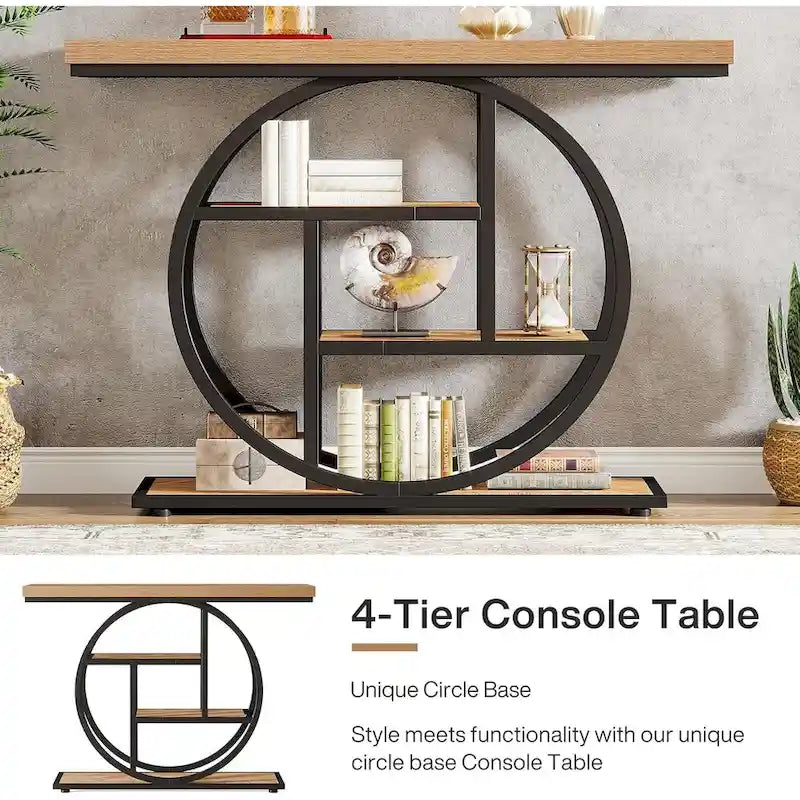Console 4 niveaux avec base circulaire – Marron/Gris, Métal et Bois industriel, 1 à 2 utilisateurs