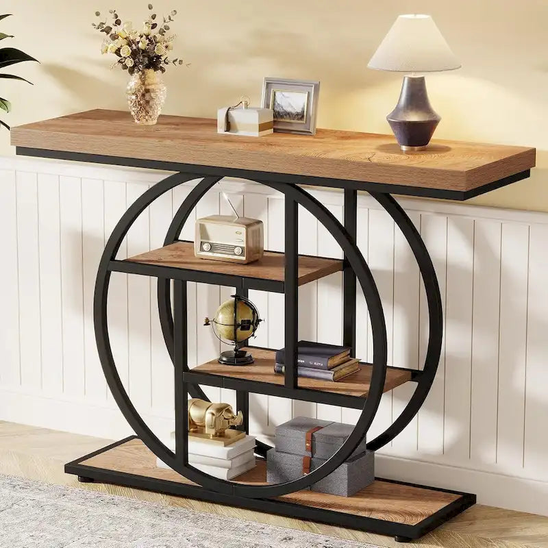 Console 4 niveaux avec base circulaire – Marron/Gris, Métal et Bois industriel, 1 à 2 utilisateurs