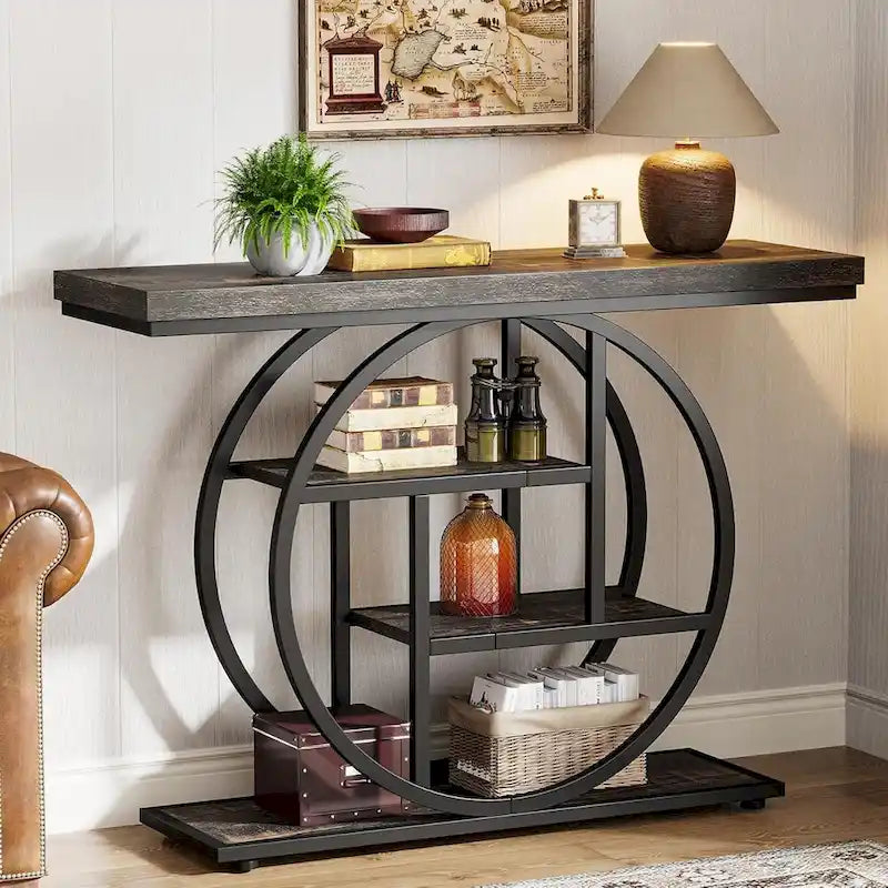 Console 4 niveaux avec base circulaire – Marron/Gris, Métal et Bois industriel, 1 à 2 utilisateurs