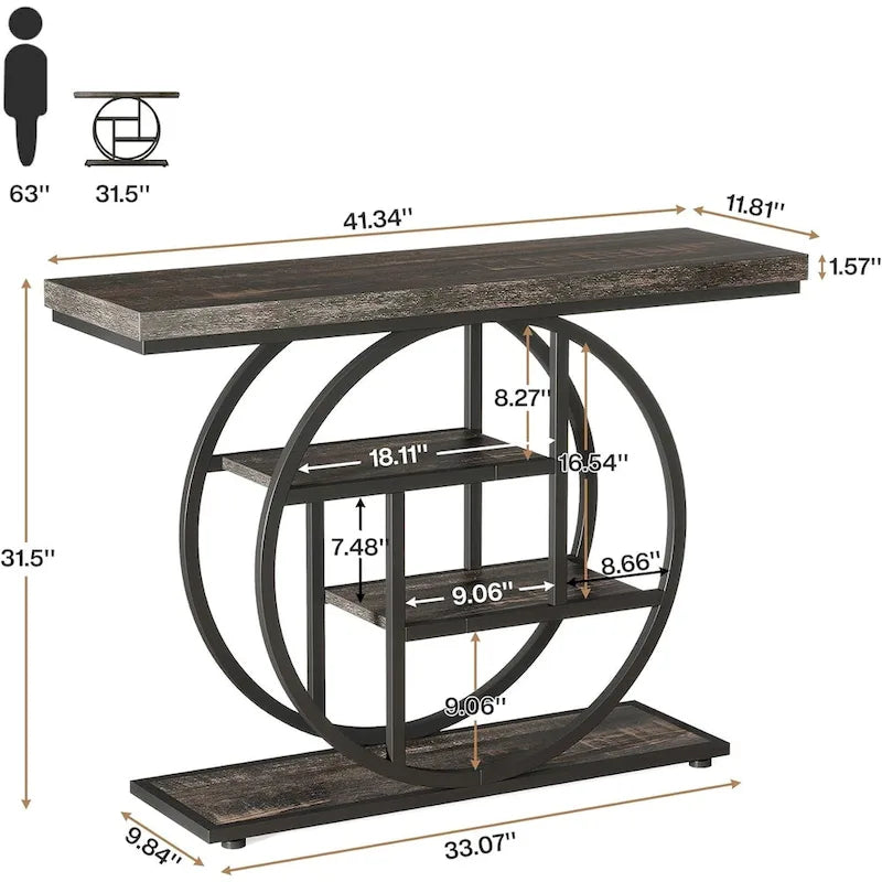 Console 4 niveaux avec base circulaire – Marron/Gris, Métal et Bois industriel, 1 à 2 utilisateurs