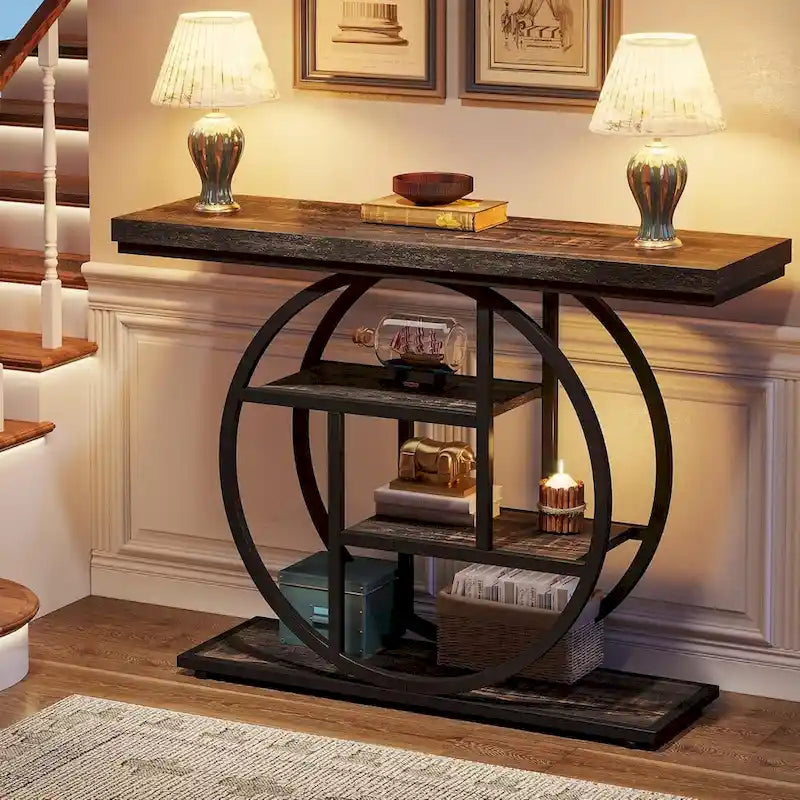 Console 4 niveaux avec base circulaire – Marron/Gris, Métal et Bois industriel, 1 à 2 utilisateurs