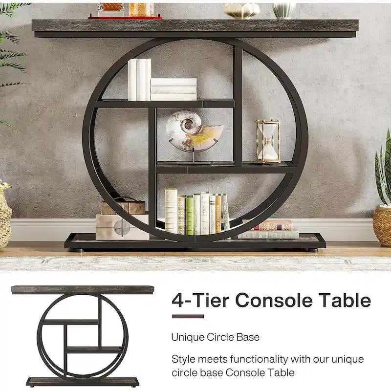 Console 4 niveaux avec base circulaire – Marron/Gris, Métal et Bois industriel, 1 à 2 utilisateurs
