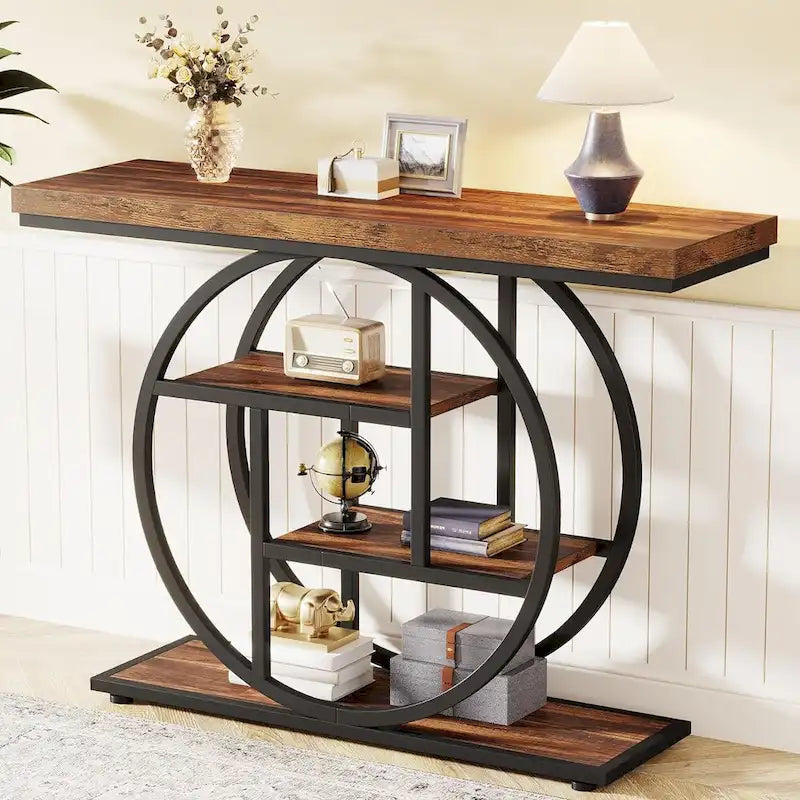 Console 4 niveaux avec base circulaire – Marron/Gris, Métal et Bois industriel, 1 à 2 utilisateurs
