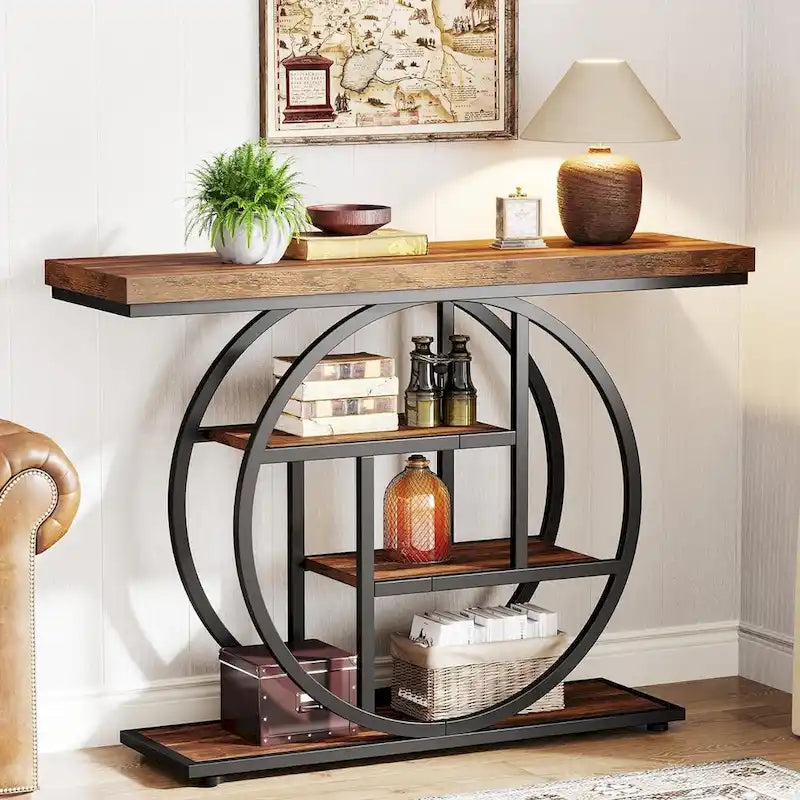 Console 4 niveaux avec base circulaire – Marron/Gris, Métal et Bois industriel, 1 à 2 utilisateurs