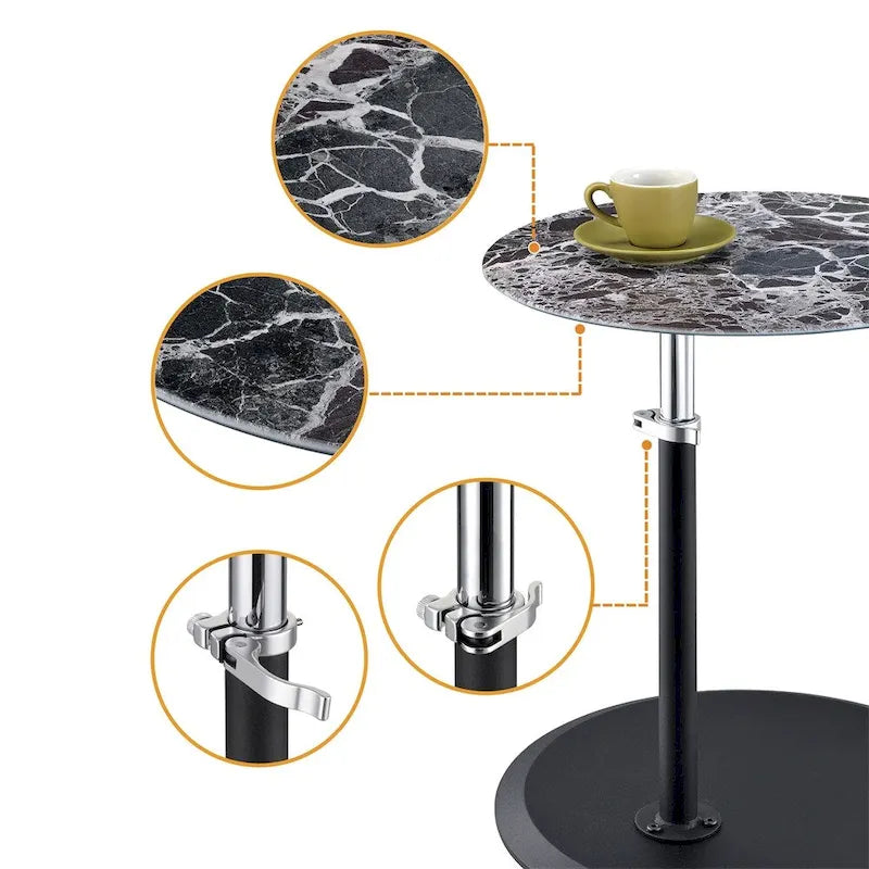 Table d'appoint réglable en hauteur – Blanc / Gris / Noir, dessus en verre effet marbre moderne et base à pince, utilisateur unique