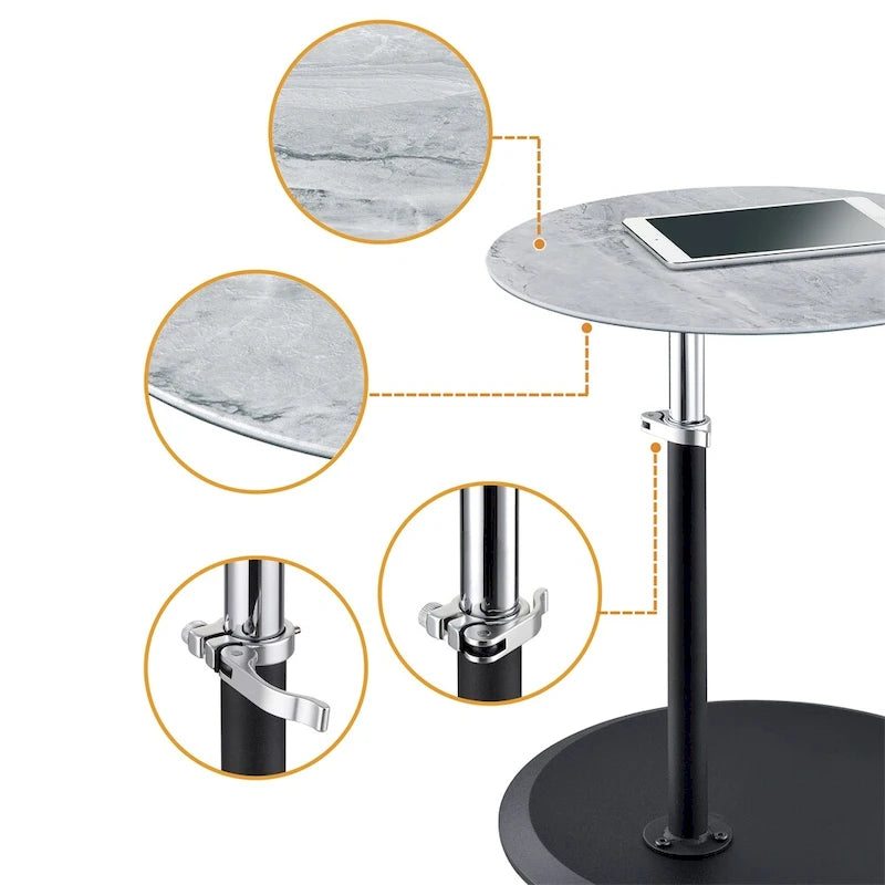 Table d'appoint réglable en hauteur – Blanc / Gris / Noir, dessus en verre effet marbre moderne et base à pince, utilisateur unique