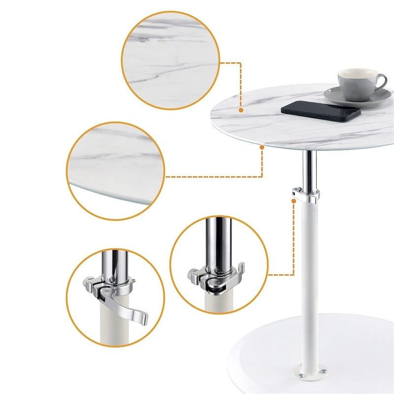 Table d'appoint réglable en hauteur – Blanc / Gris / Noir, dessus en verre effet marbre moderne et base à pince, utilisateur unique