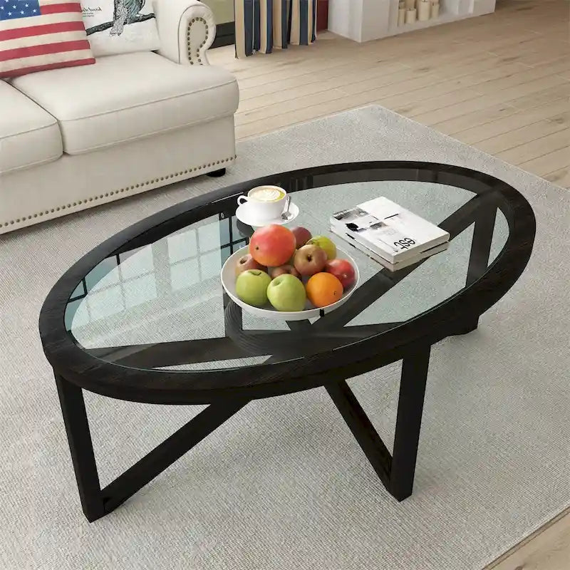 Table basse ovale en verre – Noire, verre trempé moderne du milieu du siècle et trépied en bois de peuplier, 1 à 2 utilisateurs