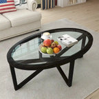 Table basse ovale en verre – Noire, verre trempé moderne du milieu du siècle et trépied en bois de peuplier, 1 à 2 utilisateurs