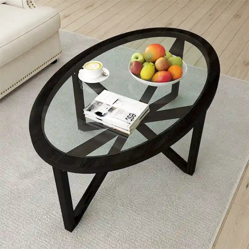 Table basse ovale en verre – Noire, verre trempé moderne du milieu du siècle et trépied en bois de peuplier, 1 à 2 utilisateurs