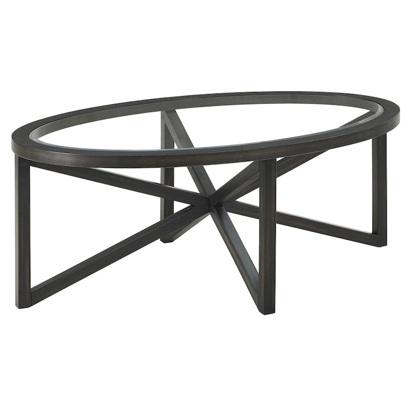 Table basse ovale en verre – Noire, verre trempé moderne du milieu du siècle et trépied en bois de peuplier, 1 à 2 utilisateurs