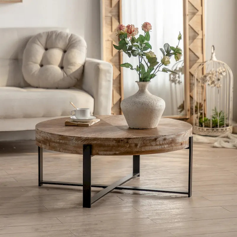 Table basse ronde – Noir / Doré, Plateau en bois de sapin rétro et Piètement croisé en métal, 1-2 utilisateurs