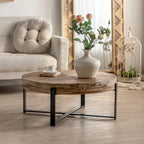 Table basse ronde – Noir / Doré, Plateau en bois de sapin rétro et Piètement croisé en métal, 1-2 utilisateurs