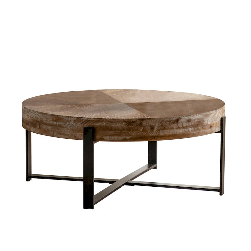 Table basse ronde – Noir / Doré, Plateau en bois de sapin rétro et Piètement croisé en métal, 1-2 utilisateurs