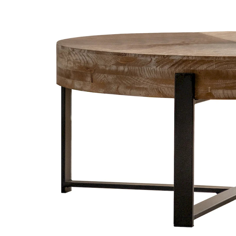 Table basse ronde – Noir / Doré, Plateau en bois de sapin rétro et Piètement croisé en métal, 1-2 utilisateurs