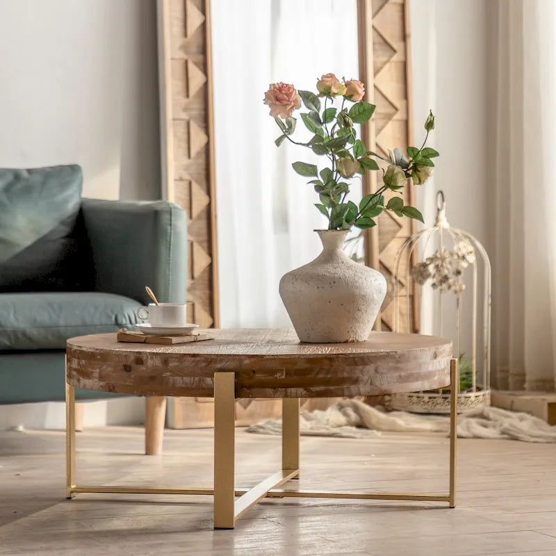 Table basse ronde – Noir / Doré, Plateau en bois de sapin rétro et Piètement croisé en métal, 1-2 utilisateurs
