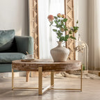 Table basse ronde – Noir / Doré, Plateau en bois de sapin rétro et Piètement croisé en métal, 1-2 utilisateurs