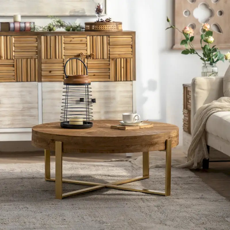 Table basse ronde – Noir / Doré, Plateau en bois de sapin rétro et Piètement croisé en métal, 1-2 utilisateurs