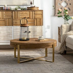 Table basse ronde – Noir / Doré, Plateau en bois de sapin rétro et Piètement croisé en métal, 1-2 utilisateurs
