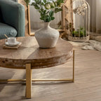 Table basse ronde – Noir / Doré, Plateau en bois de sapin rétro et Piètement croisé en métal, 1-2 utilisateurs