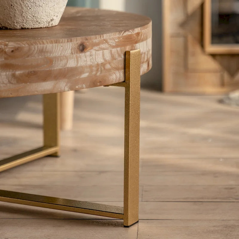 Table basse ronde – Noir / Doré, Plateau en bois de sapin rétro et Piètement croisé en métal, 1-2 utilisateurs