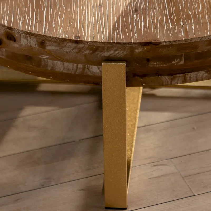 Table basse ronde – Noir / Doré, Plateau en bois de sapin rétro et Piètement croisé en métal, 1-2 utilisateurs