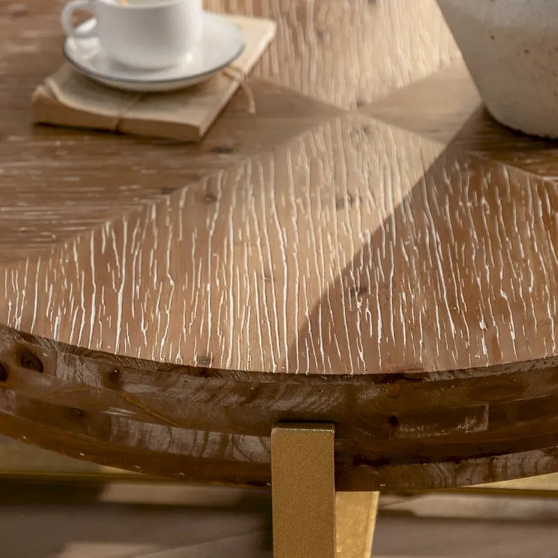 Table basse ronde – Noir / Doré, Plateau en bois de sapin rétro et Piètement croisé en métal, 1-2 utilisateurs