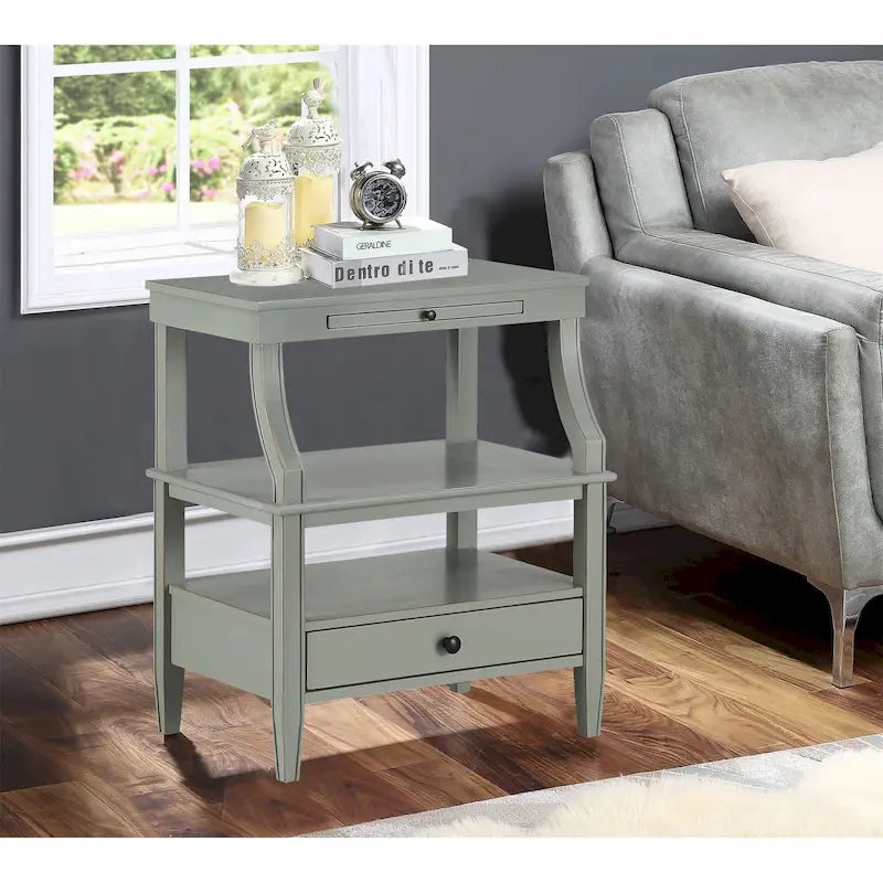 Table d'appoint à 3 niveaux – Bleu marine / Gris antique / Blanc antique, bois, tiroir coulissant et tiroir, pour une personne
