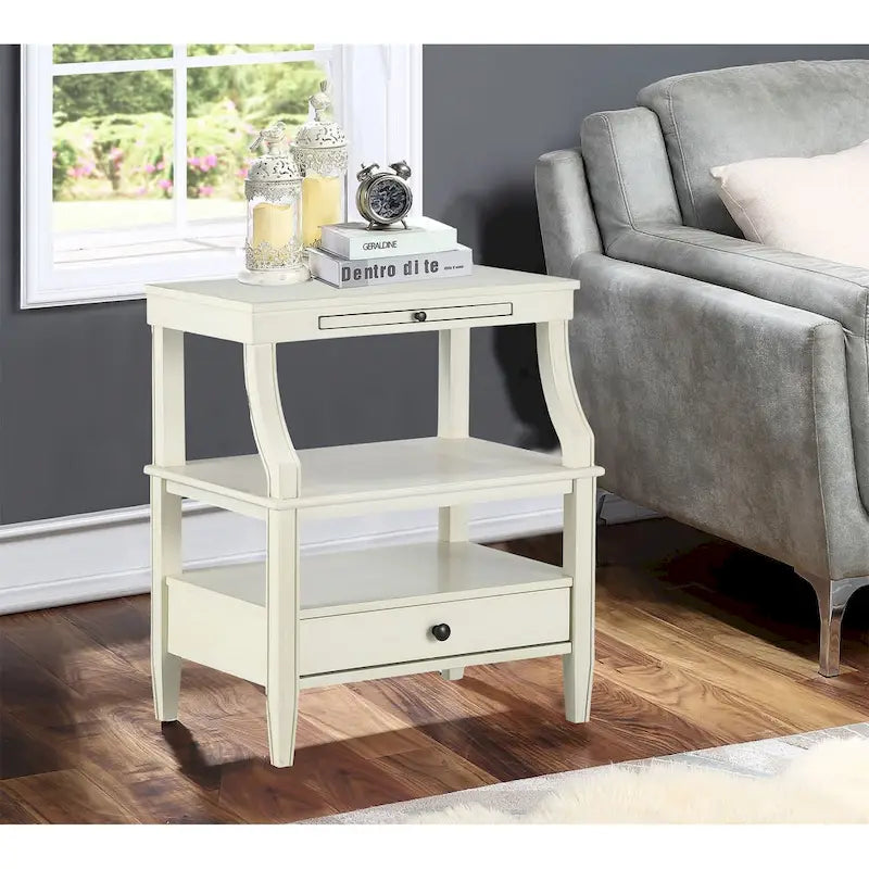 Table d'appoint à 3 niveaux – Bleu marine / Gris antique / Blanc antique, bois, tiroir coulissant et tiroir, pour une personne