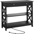 Console avec prise de courant, tiroir et 2 étagères – Noir / Blanc, MDF classique et bois de pin, un utilisateur
