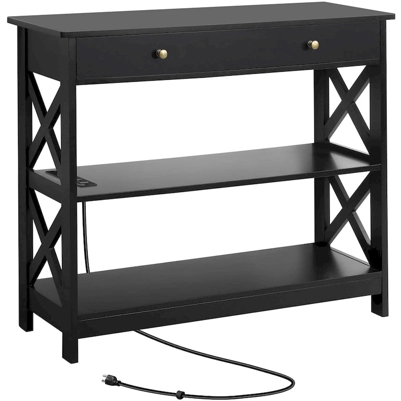 Console avec prise de courant, tiroir et 2 étagères – Noir / Blanc, MDF classique et bois de pin, un utilisateur