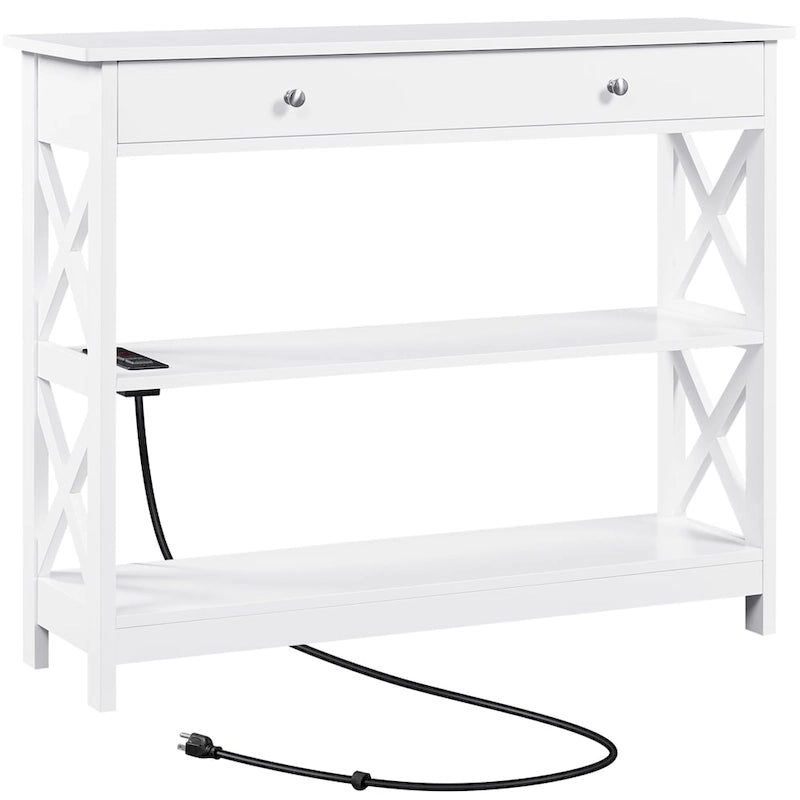 Console avec prise de courant, tiroir et 2 étagères – Noir / Blanc, MDF classique et bois de pin, un utilisateur