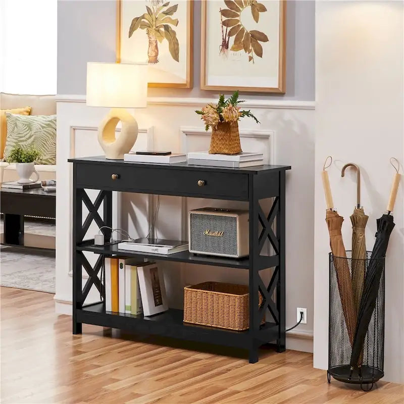 Console avec prise de courant, tiroir et 2 étagères – Noir / Blanc, MDF classique et bois de pin, un utilisateur