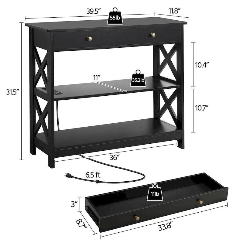 Console avec prise de courant, tiroir et 2 étagères – Noir / Blanc, MDF classique et bois de pin, un utilisateur