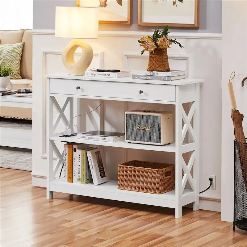 Console avec prise de courant, tiroir et 2 étagères – Noir / Blanc, MDF classique et bois de pin, un utilisateur