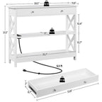 Console avec prise de courant, tiroir et 2 étagères – Noir / Blanc, MDF classique et bois de pin, un utilisateur