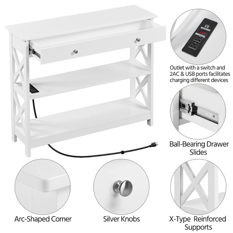 Console avec prise de courant, tiroir et 2 étagères – Noir / Blanc, MDF classique et bois de pin, un utilisateur