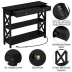 Console avec prise de courant, tiroir et 2 étagères – Noir / Blanc, MDF classique et bois de pin, un utilisateur