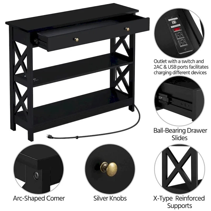 Console avec prise de courant, tiroir et 2 étagères – Noir / Blanc, MDF classique et bois de pin, un utilisateur
