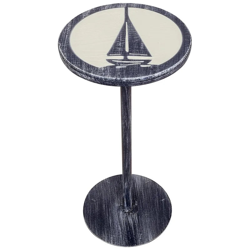 Table Basse Ronde – Bois Naturel Peint à la Main, Style Côtier, pour une Personne