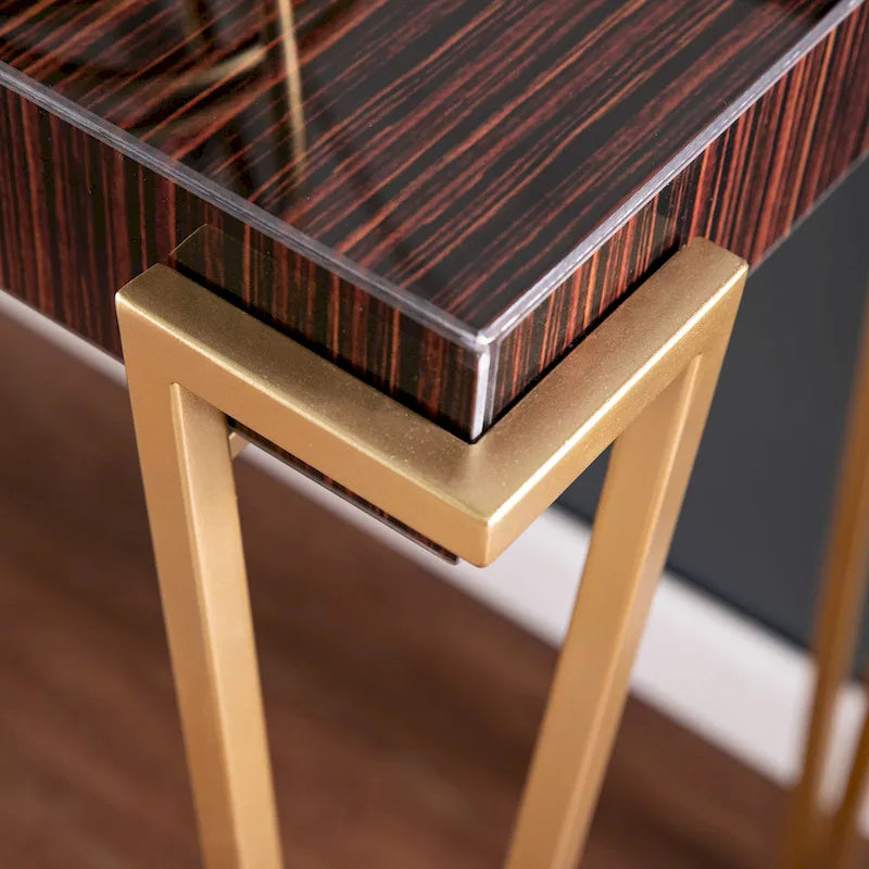 Console – Marron et or, plateau en verre contemporain et pieds en fer, utilisateur unique