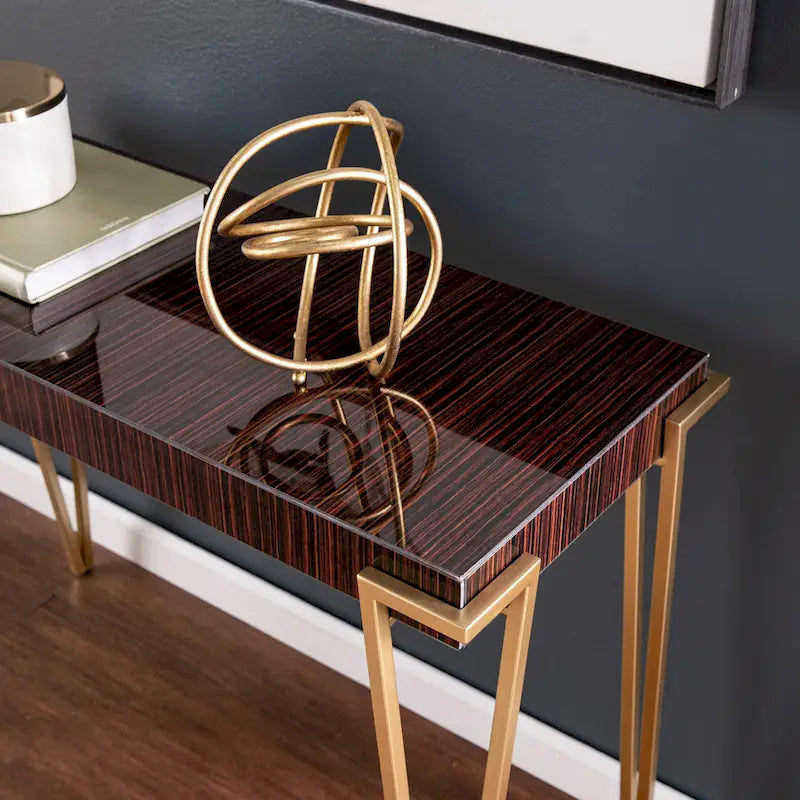 Console – Marron et or, plateau en verre contemporain et pieds en fer, utilisateur unique