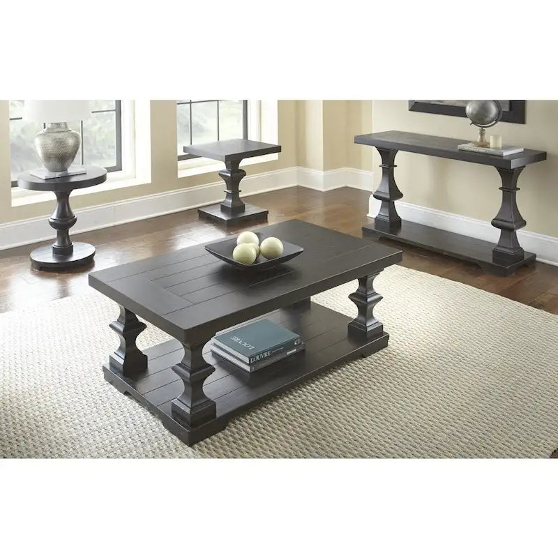 Table basse à deux niveaux – Ébène, Bois dur traditionnel et Pieds cylindriques, 1 à 4 utilisateurs