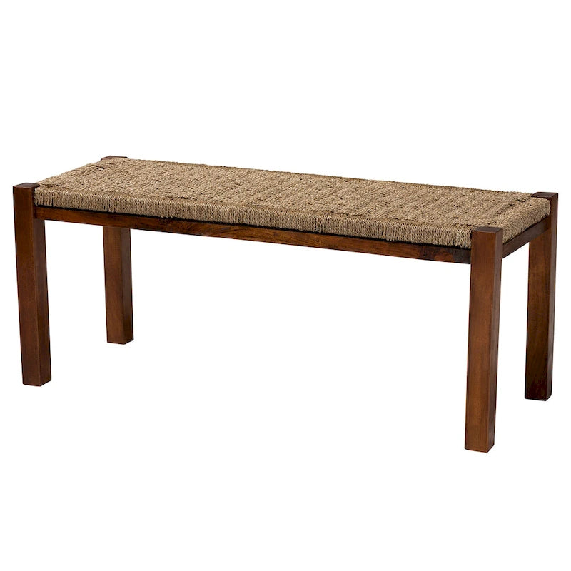 Banc individuel en bois d'acajou et jonc de mer brun noyer